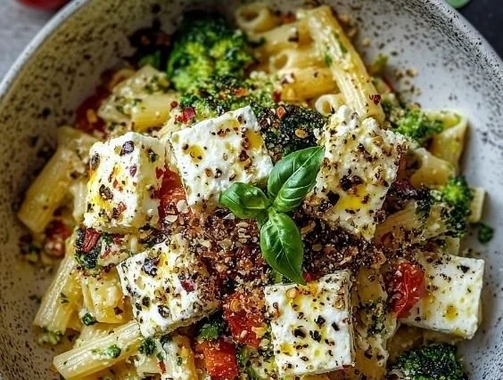 Backofenpasta mit Brokkoli und Feta auf einem Teller