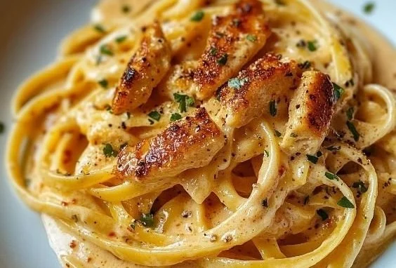 Cremige Hähnchen-Alfredo-Nudeln in einer Pfanne serviert