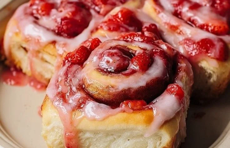 Leckere Erdbeer-Zimt-Schnecken auf einem weißen Teller