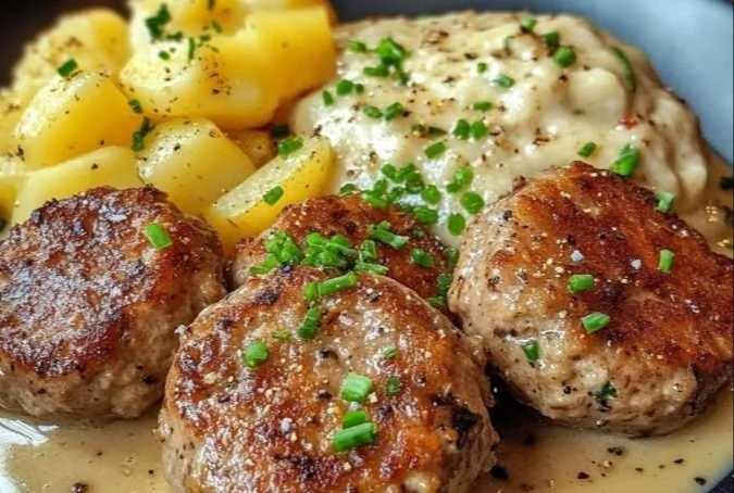 Frikadellen serviert mit Kartoffelbrei und Zwiebelrahmsoße auf einem Teller