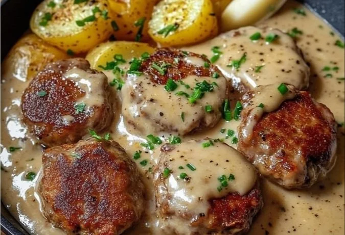 Frikadellen mit Kartoffelbrei und Zwiebelrahmsoße