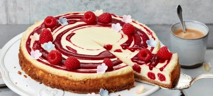 Himbeer Cheesecake mit frischen Himbeeren und Sahne dekoriert
