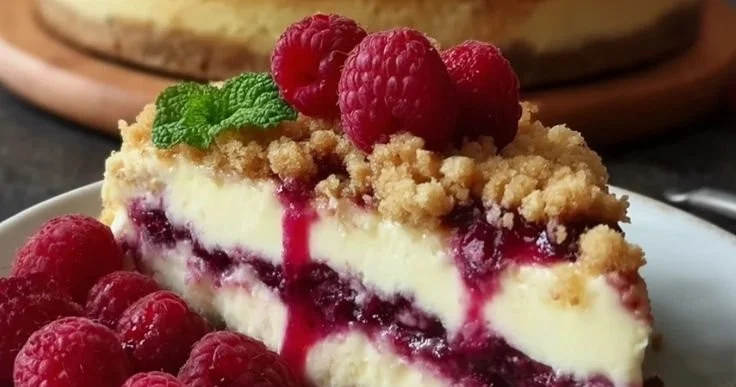 Himbeer-Käsekuchen mit Streuseln auf einem Teller, dekoriert mit frischen Himbeeren