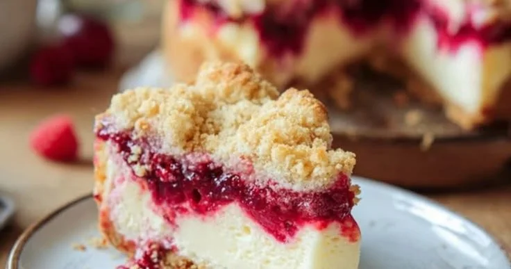Himbeer-Streusel-Kuchen mit Joghurt-Cheesecake auf einem Teller