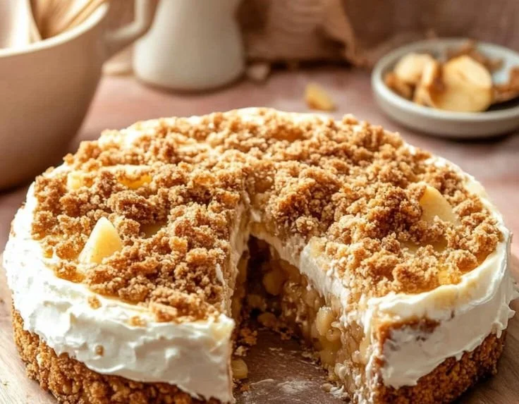 Käsekuchen mit Apfel-Crumble - leckeres Rezept für das beliebte Dessert.