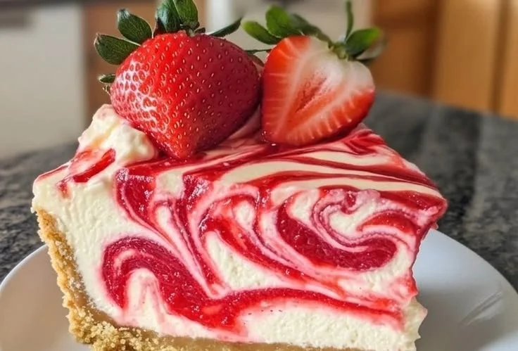 Käsekuchen mit Erdbeerwirbel auf einem Teller, dekoriert mit frischen Erdbeeren.