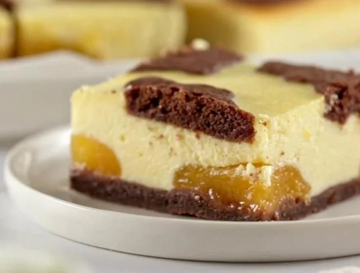 Käsekuchen vom Blech mit Aprikosen auf einem Teller