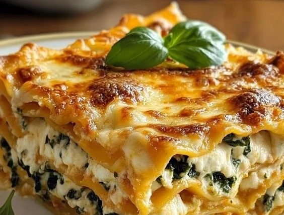 Kürbis-Spinat-Lasagne Rezept für 4 Personen serviert mit frischen Zutaten