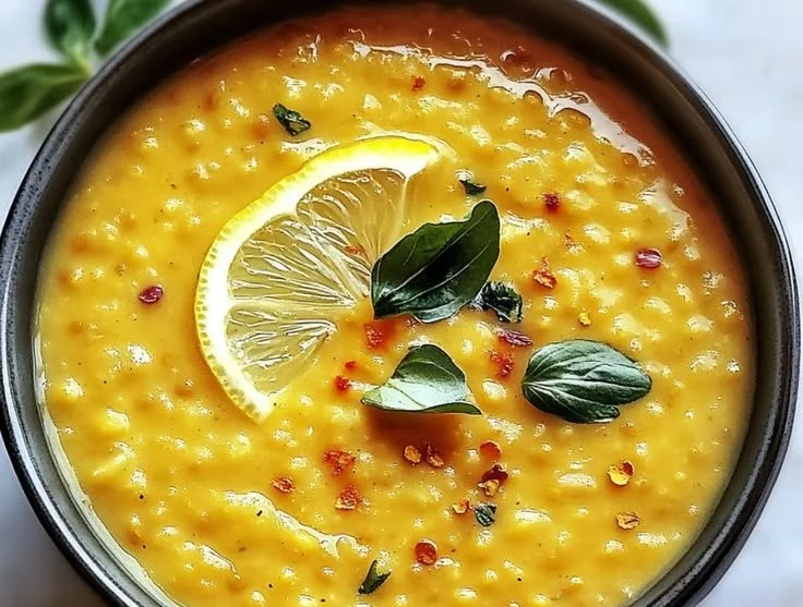 Schale mit libanesischer Zitronenlinsensuppe für Seelenwärme