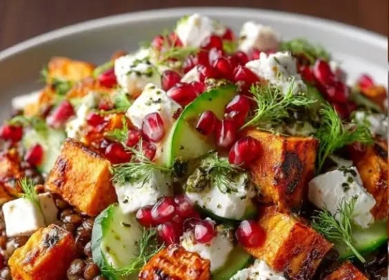 Orientalischer Linsensalat mit Feta, Avocado und Paprika auf einem Teller