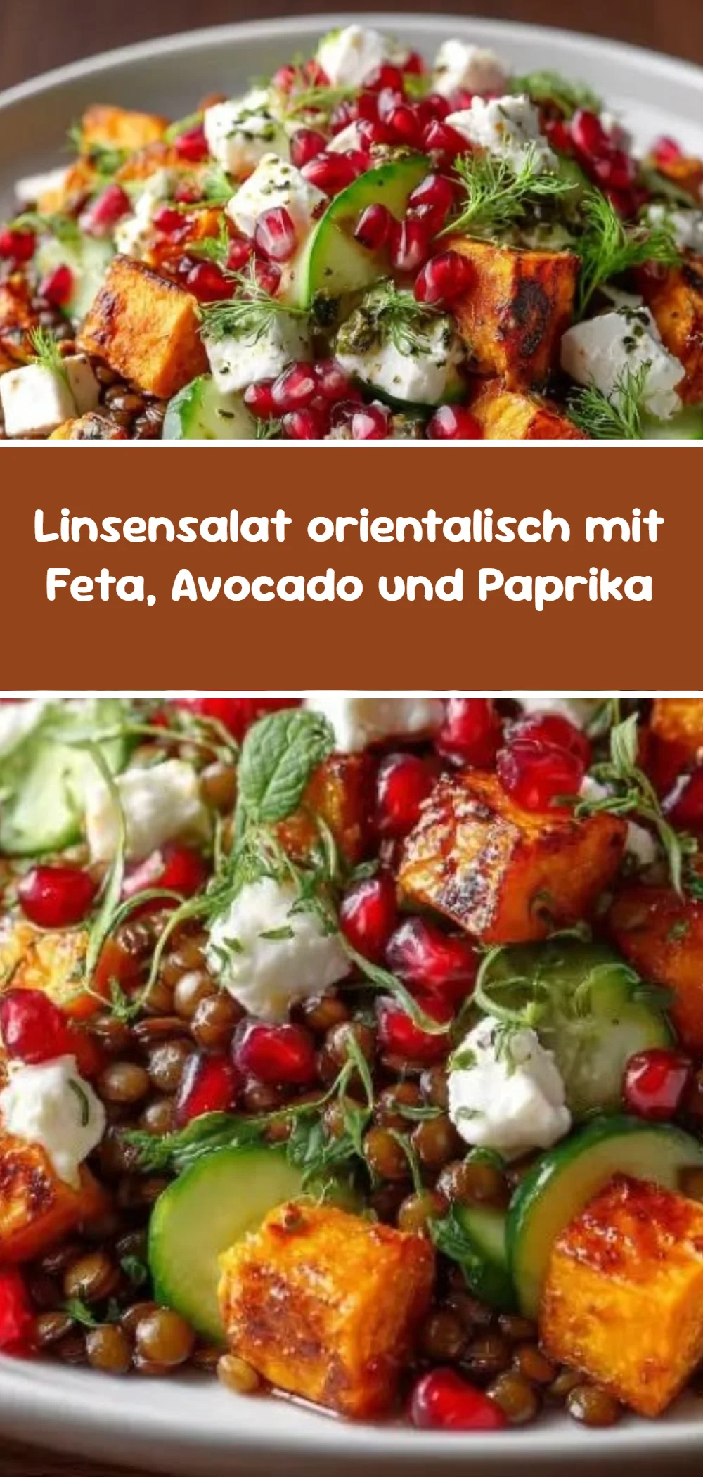 Linsensalat orientalisch mit Feta, Avocado und Paprika