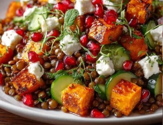 Orientalischer Linsensalat mit Feta, Avocado und Paprika