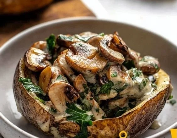 Ofenkartoffeln gefüllt mit Pilz und Spinat auf einem Teller