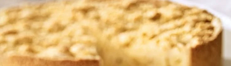 Leckere Streusel-Apfel-Kuchen auf einem weißen Teller.