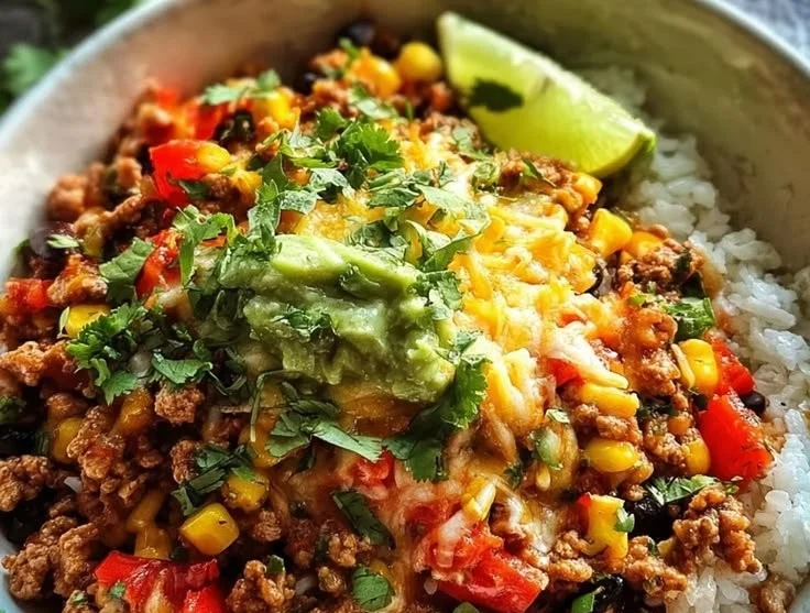 Taco Reis Bowl mit frischem Gemüse und würzigem Fleisch