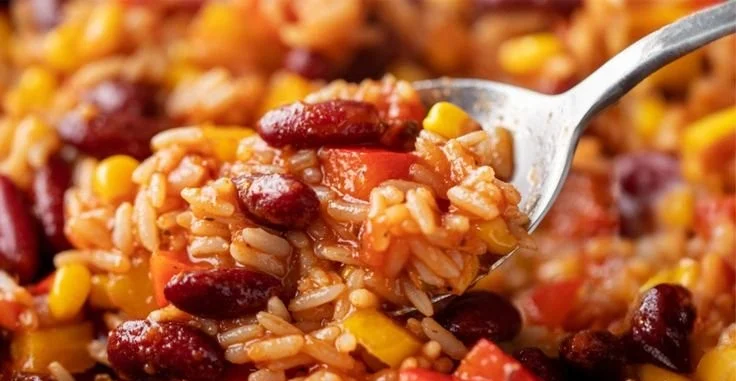 Vegetarische Reispfanne mit Kidneybohnen, Mais und Paprika auf einem Teller serviert