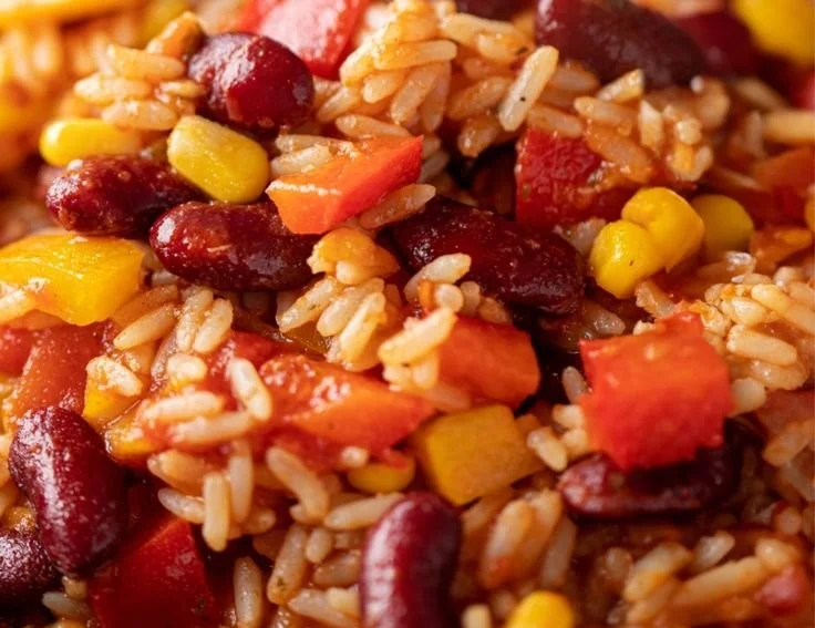 Vegetarische Reispfanne mit Kidneybohnen, Mais und Paprika