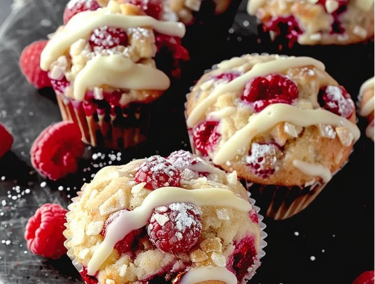 Weiße Schokoladen-Himbeer-Muffins frisch gebacken auf einem silbernen Teller