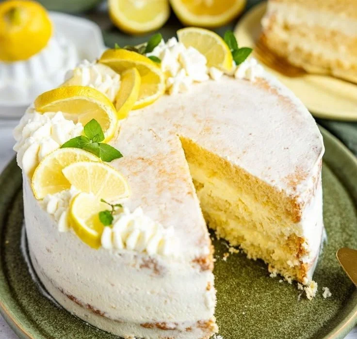 Zitronen-Mascarpone-Torte perfekt angerichtet auf einem Tisch
